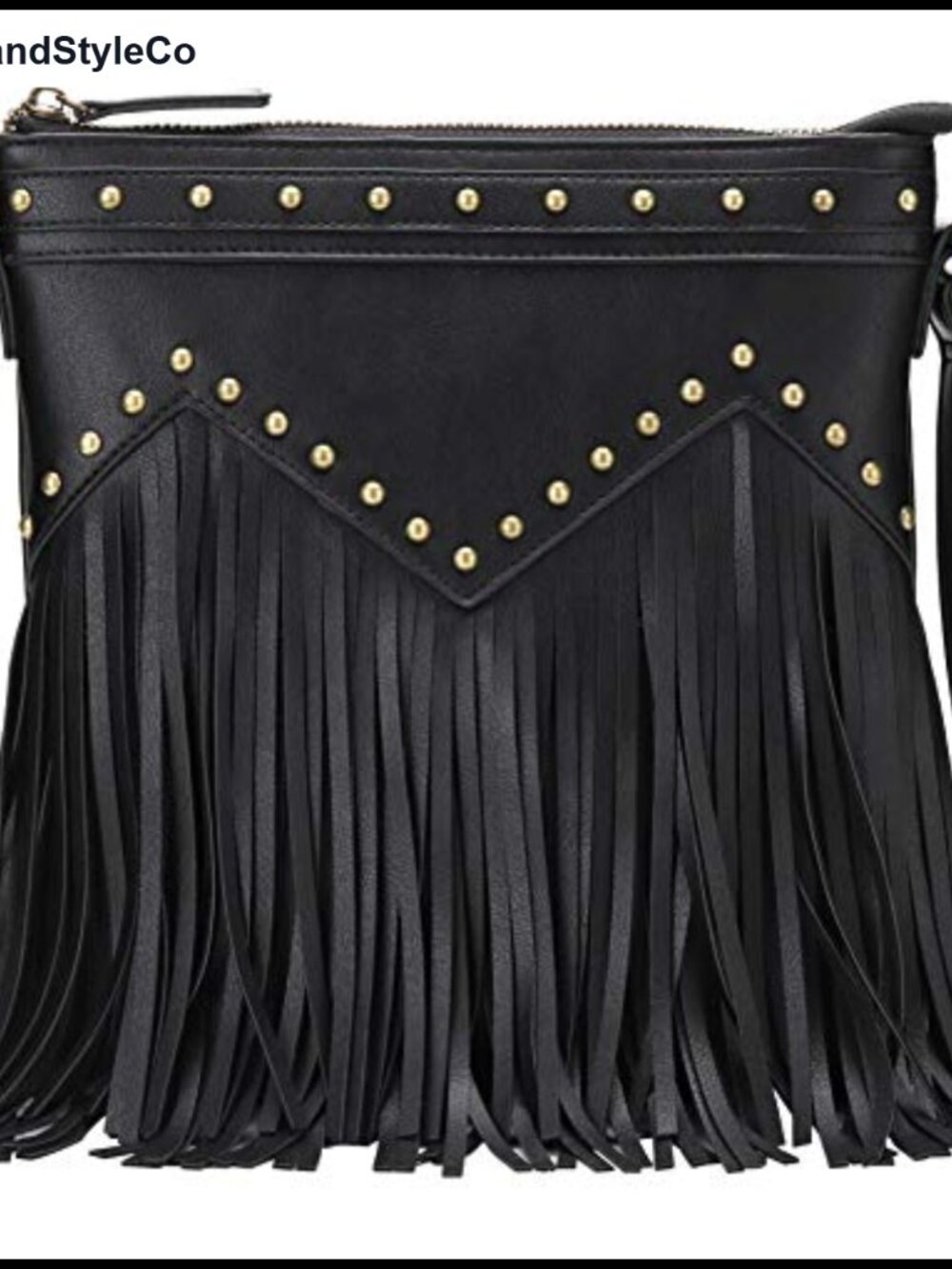 Vegan Faux Leather Fringed Crossbody Bag with Studs Adjustable Strap